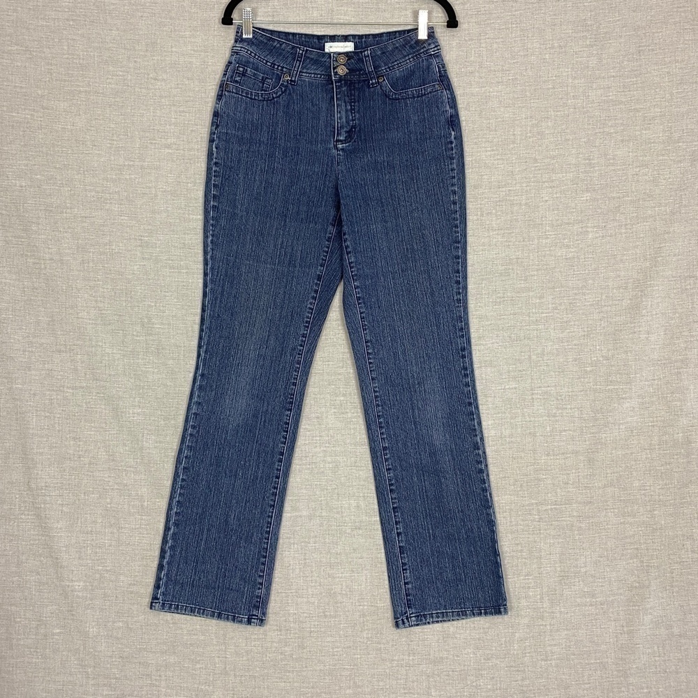 Christopher & Banks Jeans Mid Rise Baby Boot Blue Striated Denim Sz 4